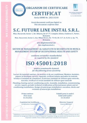Certificat ISO 45001:2018 – Sistem de management al sanatatii si securitatii in munca