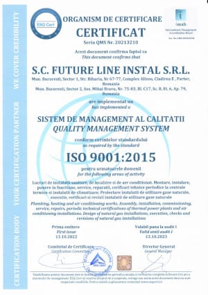 Certificat ISO 9001:2015 – Sistem de management al calitatii